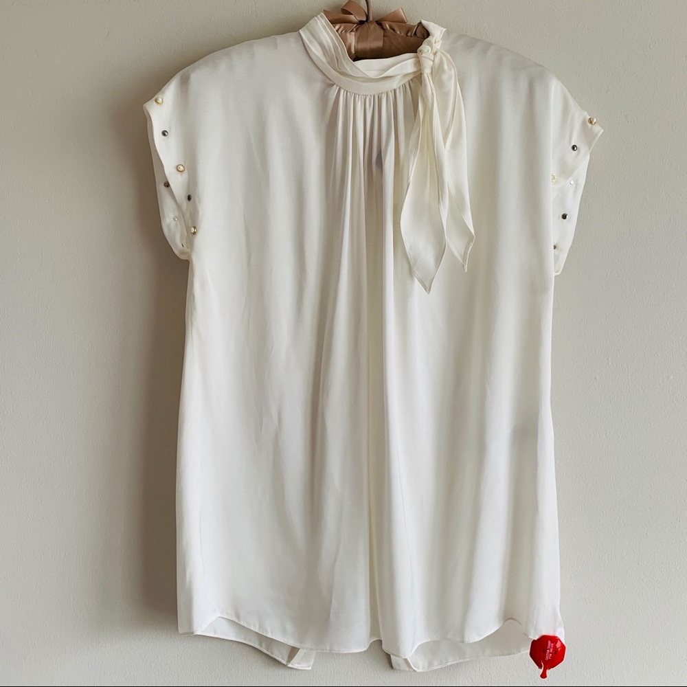 Sandro Courbe Satin Studded Back slit Top Blouse Ecru white - Picture 8 of 16